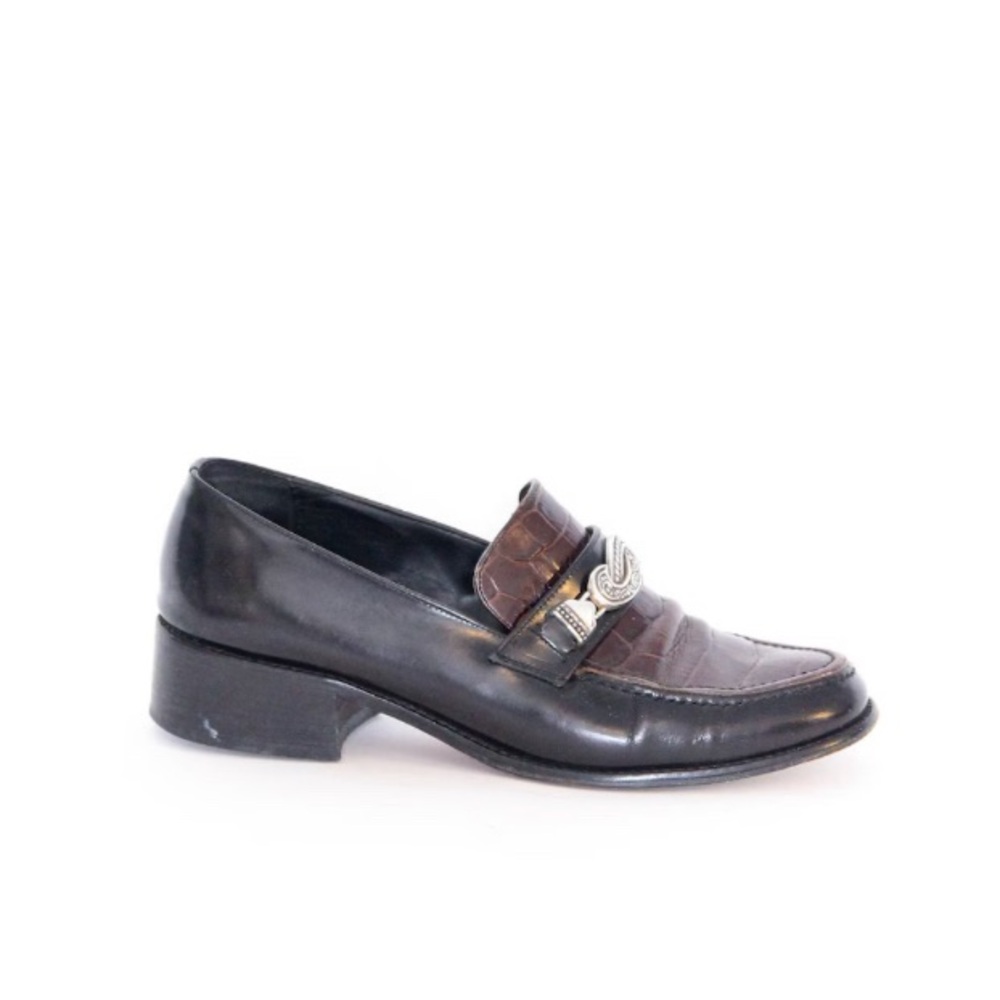 Vintage 80s 90s Brighton Alligator Print Leather Brown Black Mule Heel Size 7.5